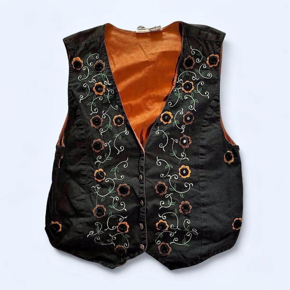 Vintage Hippie Granny Gardening Embroidered Sunflower Vest Orange Lining